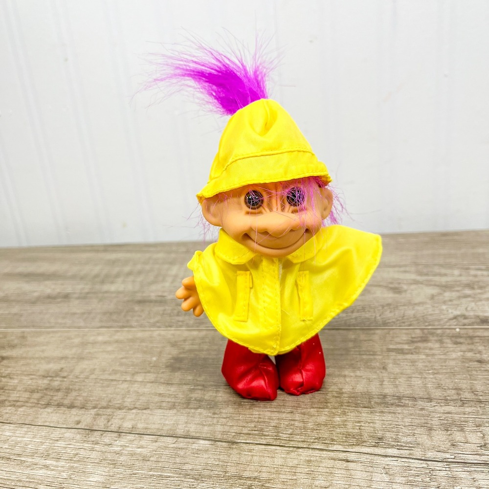 Vintage Russ Troll Doll Yellow Raincoat Purple Hair 5 Inch Figure